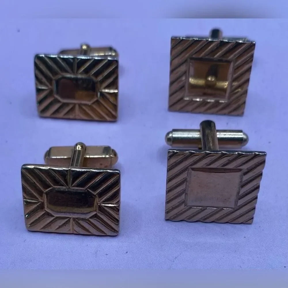 2 Pair Gold Tone Men's Cufflink Square Rectangle Bullet Back Classic Vintage MCM